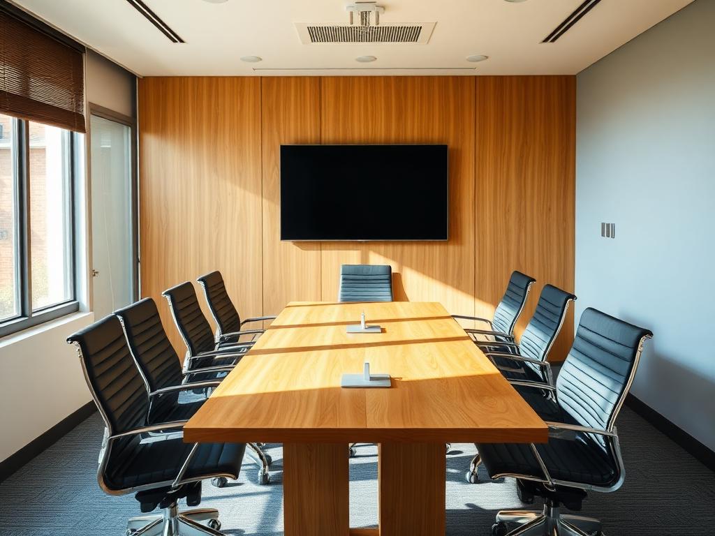 Conference room with a wood table, eight chairs, and a wall-mounted display available to Forest Park Offices tenants