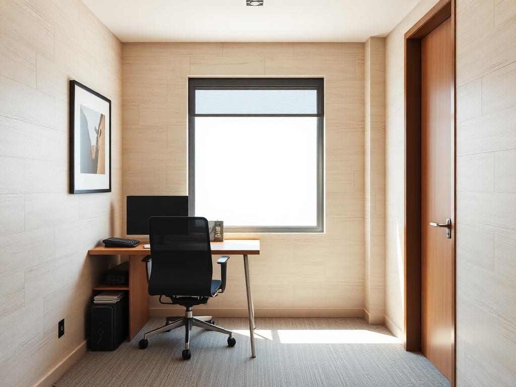 Furnished private office suite with a desk, chair, and daylight window at Forest Park Offices in Forest Park, Georgia