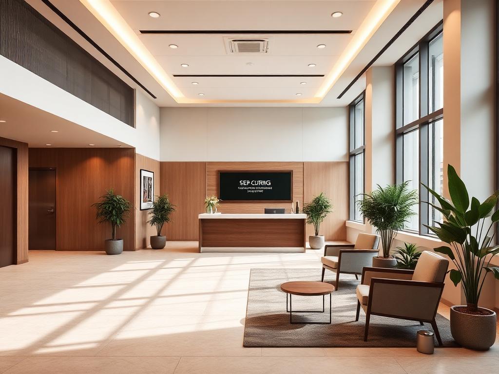 Bright reception lobby with a front desk and guest seating at the Forest Park Offices building